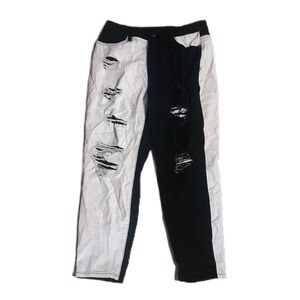 Colorblock Streetwear denim jeans pants Black White Distressed relaxed straight